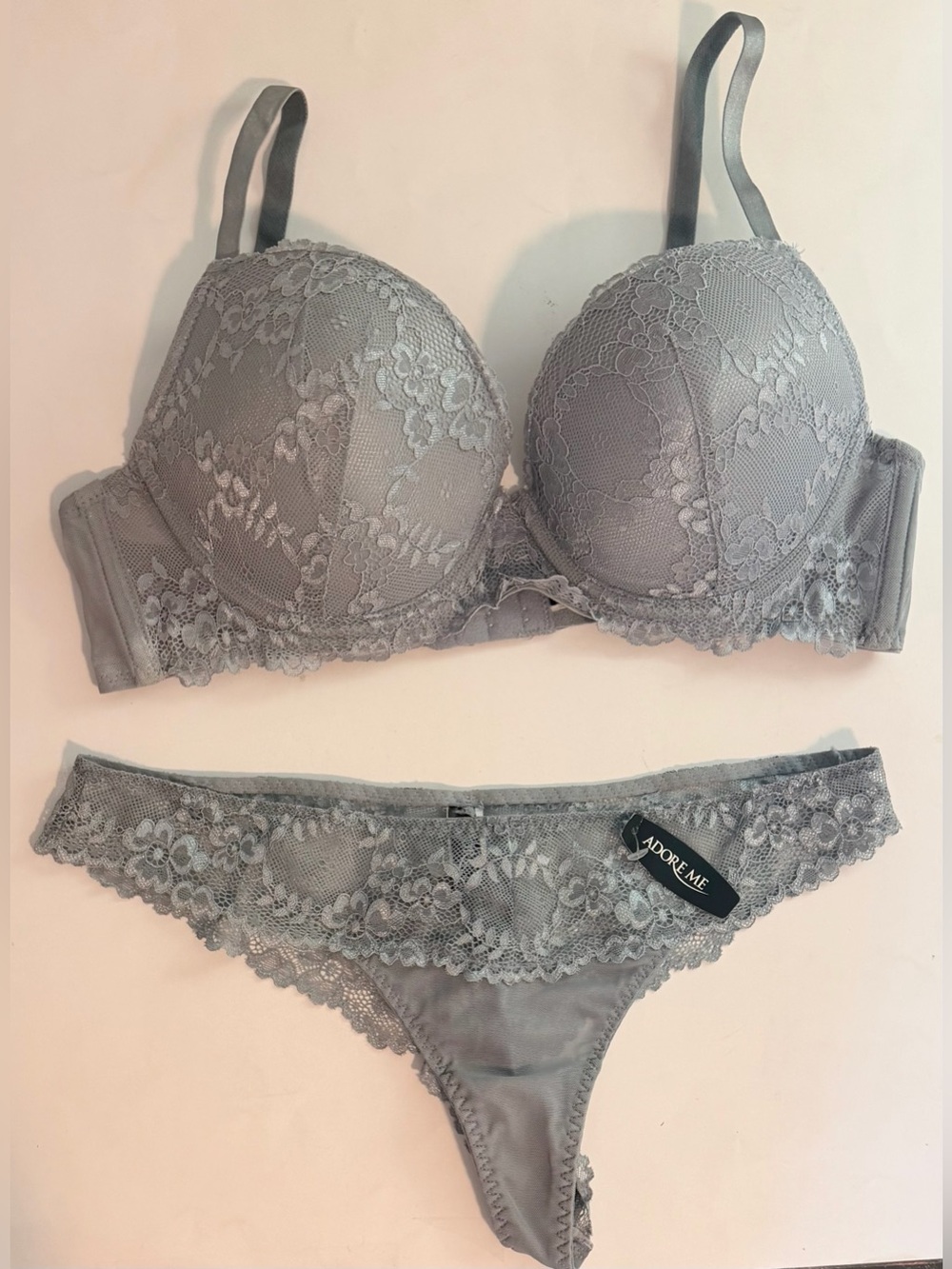 Adore Me Gray Lace Push-Up Bra & Panty Lingerie Set - Size 38B / Large